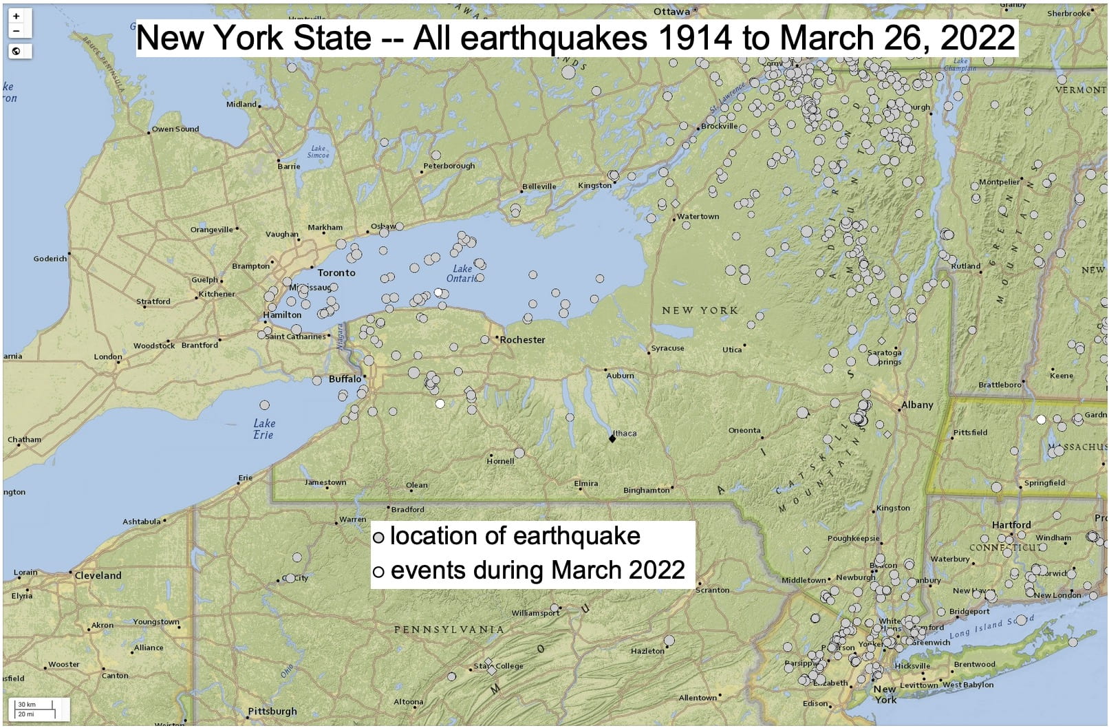 A map of the locations of all seismic events in and near New York State, between 1914 and March 26, 2022 is shown, based on data from the U.S. Geological Survey. Three areas have most of the earthquakes: first, between Buffalo and Rochester; second, around the northern, western and eastern margins of the Adirondack Mountains; third, near New York City.