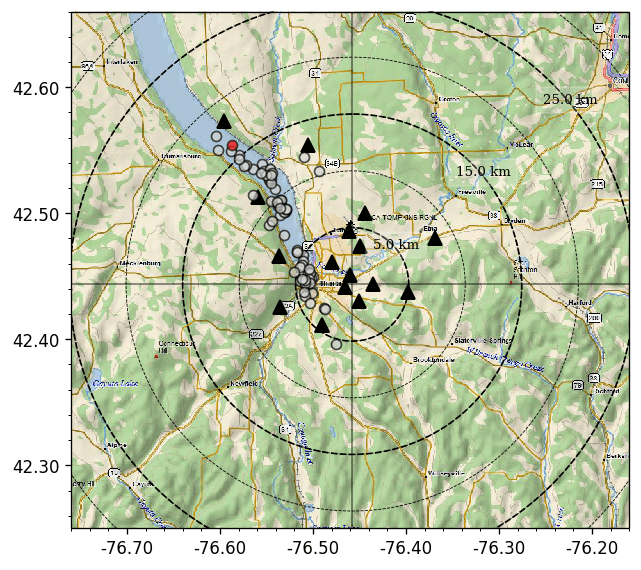 Map of seismic array and events around CUBO site. There were no events greater than M1.0