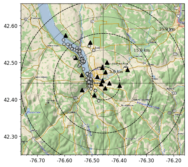 Map of seismic array and events around CUBO site. There were no events greater than M1.0