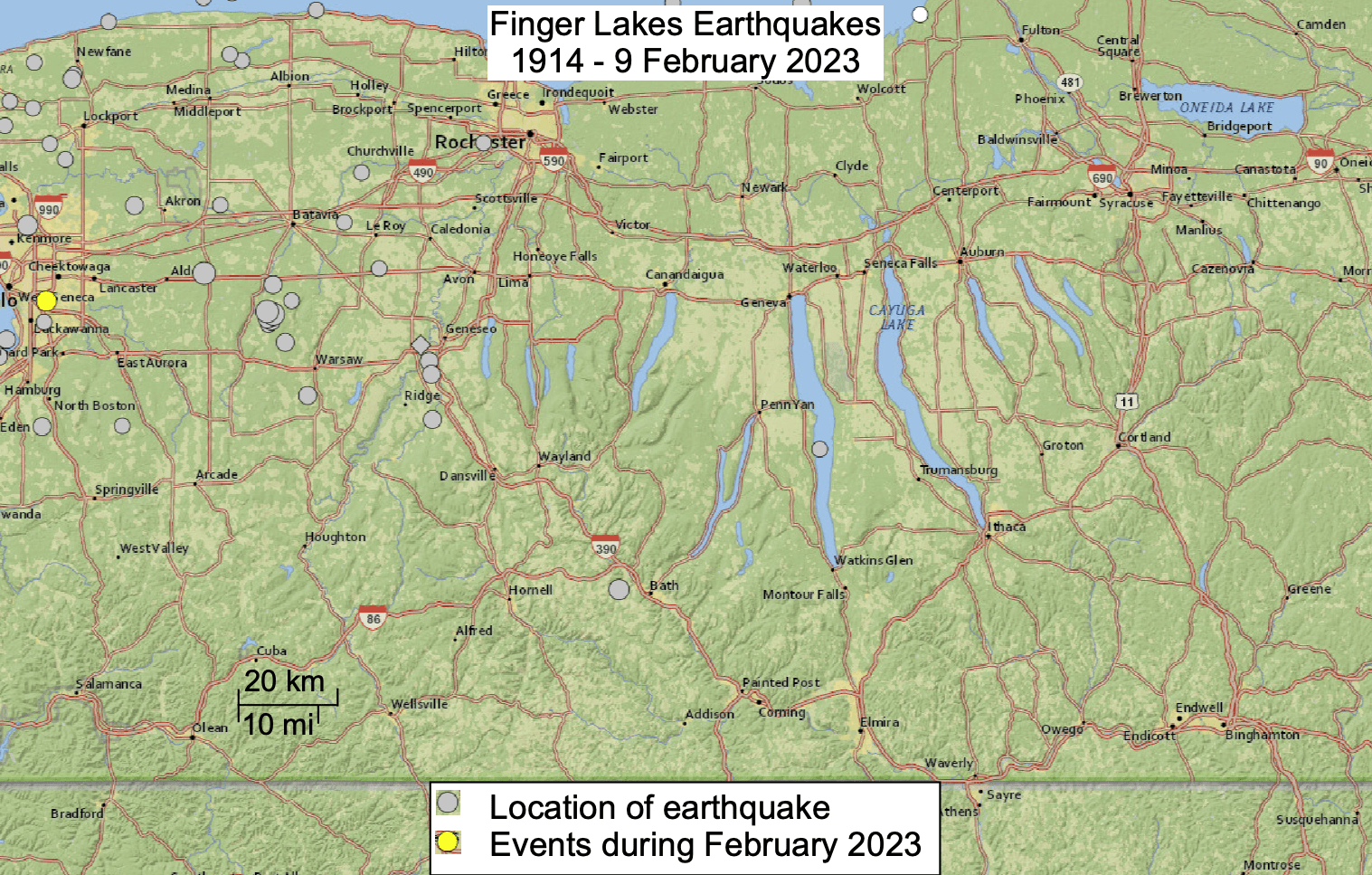 Earthquakes in the Finger Lakes region of New York State, from 1914 through 9 February 2023. The information is from the earthquake catalog of the U.S. Geological Survey.