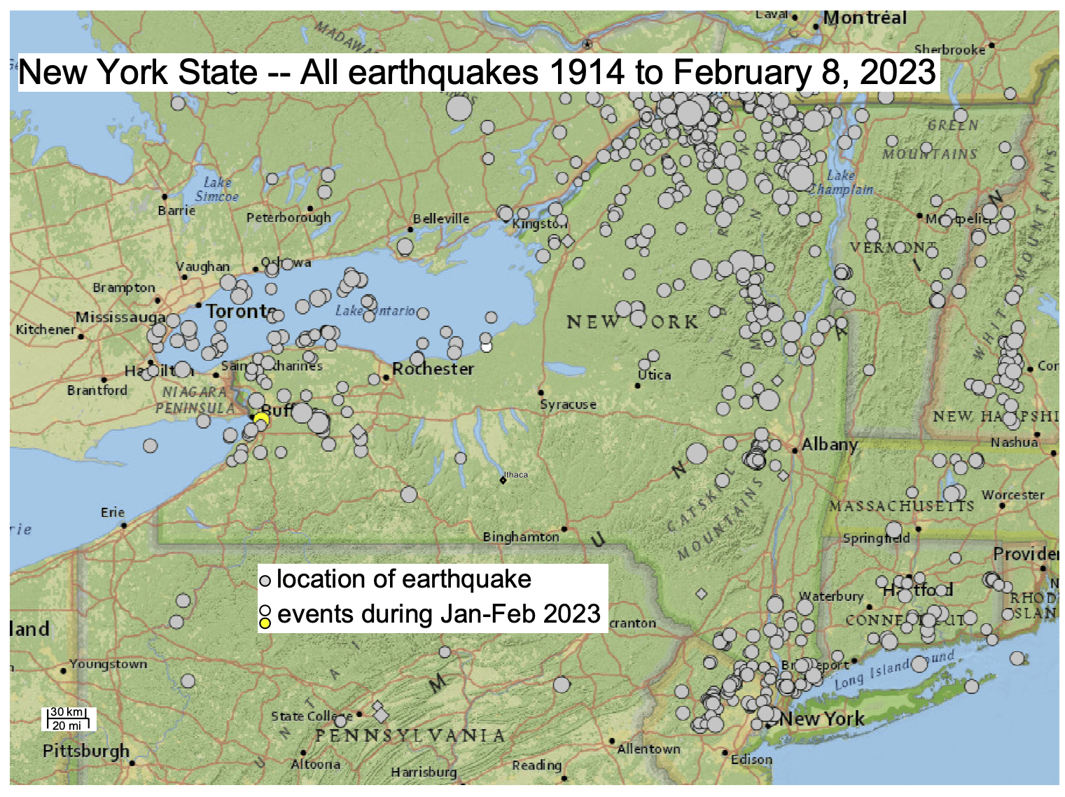 Map of locations of earthquakes in New York State between 1914 and February 2023, from the U.S. Geological Survey
