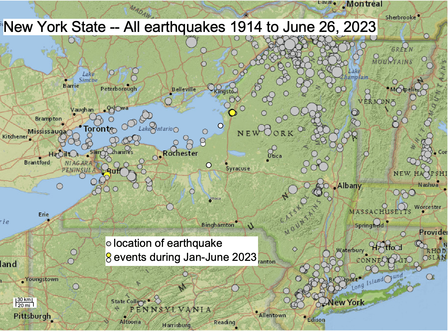 map of northeastern U.S. shows positions of all earthquakes since 1914 as points on the map. These are data from the U.S. Geological Survey